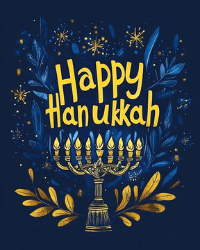 Colorful vector Hanukkah card illustration with menorah and lettering. Blue and gold elements, minimalist design suitable for print and digital use