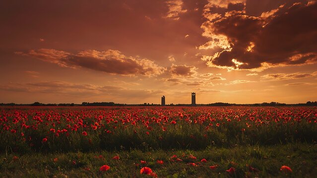 A vast field of blooming red poppies under a dramatic golden sunset sky with butterflies flying near a war memorial monument, created with generative ai.
