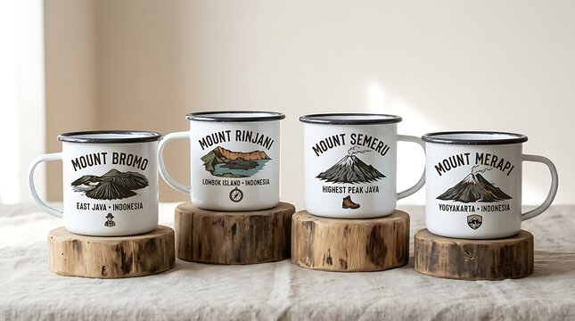 Four white enamel mugs with mountain designs on wooden coasters, arranged on a white tablecloth.