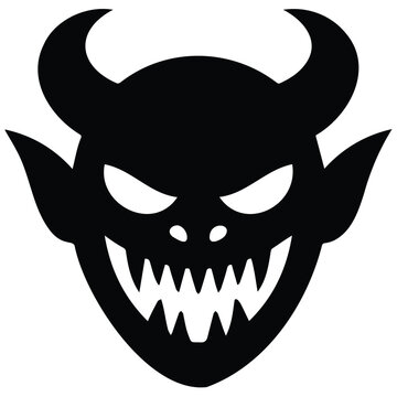 Demon head silhouette with horns and sharp fangs vector illustration for halloween decor.