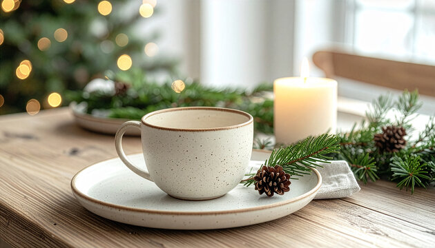 Minimal Christmas table setting with candle and evergreen branches