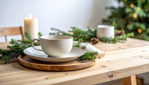 Minimal Christmas table setting with candle and evergreen branches