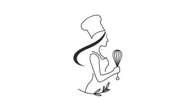 Simple line art logo of female baker holding whisk for culinary branding featuring minimalist organic aesthetic on clean white background design style.