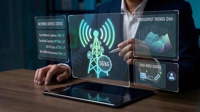 Advanced wireless network monitoring interface showing real-time 5G data transmission and system performance on a transparent digital screen display