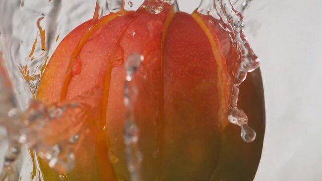 Juicy sliced ripe mango fruit getting splashed with clean water in slow motion