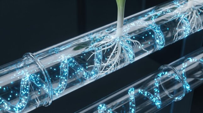 Blue Glowing Fiber Optic Network Inside Transparent Tubes