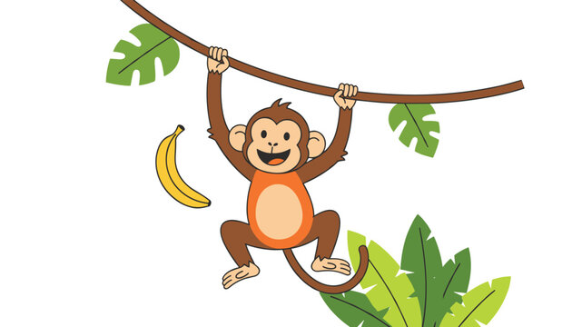 Playful little cartoon monkey hanging from a jungle vine with a ripe banana nearby, isolated on white.