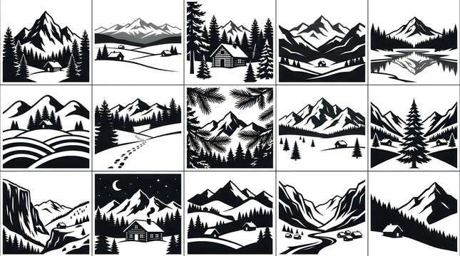 Collection of black and white mountain landscape illustrations and nature icons