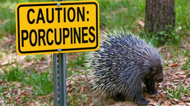 Porcupine standing next to a yellow caution sign in the woods