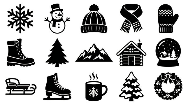 Black winter icons set featuring snowflakes snowman and cozy elements