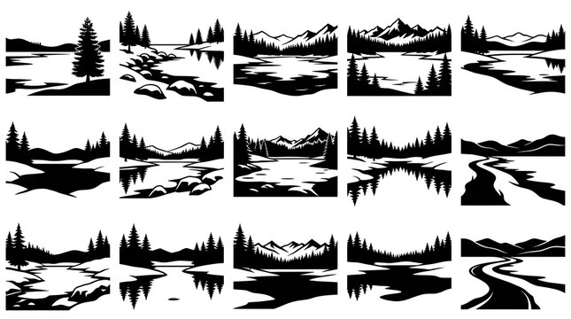 Collection of black and white woodcut style nature landscape scenes