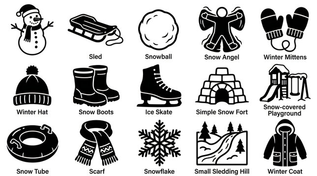 Winter activities and seasonal gear black and white icons set