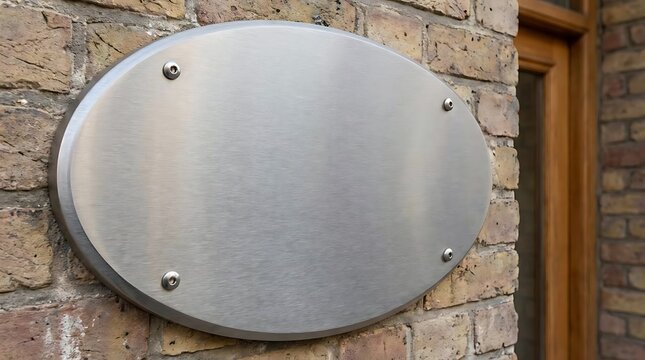 Oval brushed metal plaque mounted on aged brick wall.