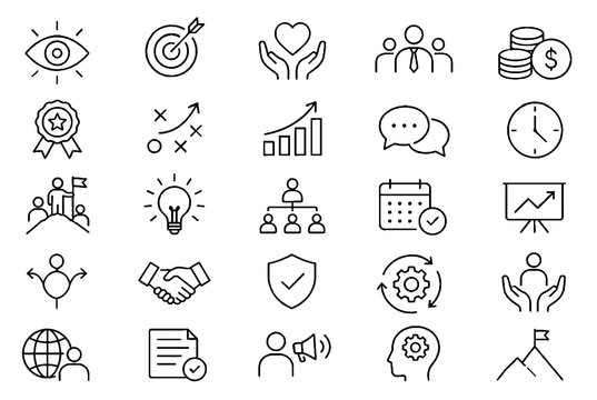 Business Management Web Icons Set &ndash; Vision, Mission, Values, Leadership, Finance, Human Resources and Strategy Linear Vector Icons