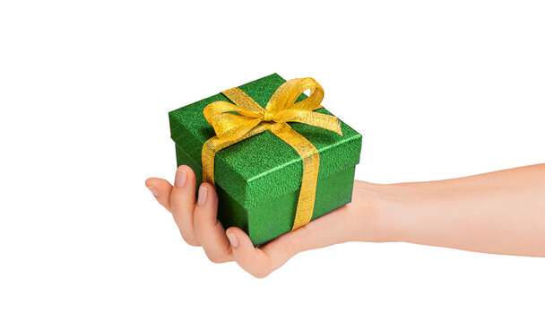 Female Hand Holding Green Gift Box with Gold Ribbon, Transparent Background