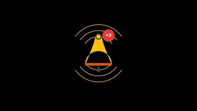 Flat bell notification toast popup with a swinging golden bell icon, sound wave arcs, and dynamic clapper motion against a transparent background