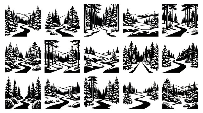 Vintage woodcut illustrations of forest scenes with winding river paths