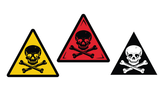 Skull vector icon set of poison danger warning triangles