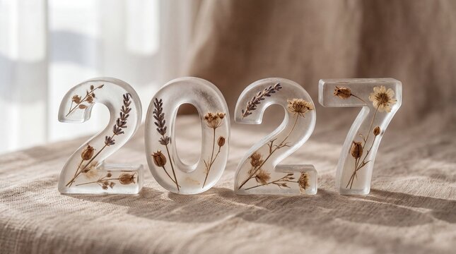 2027 year numbers made of clear resin with embedded dried flowers. Elegant handcrafted decorative digits placed on a textured fabric surface with soft natural lighting for creative projects