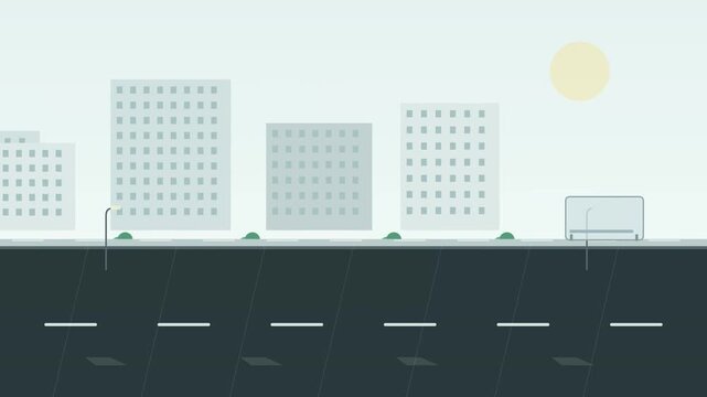 Flat city road with green buses driving past buildings