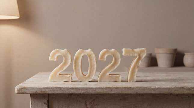 2027 year number candles photo. White wax digits shaped into twenty twenty seven on a rustic wooden table. Soft warm ambient lighting in a cozy living room interior. New Year celebration background
