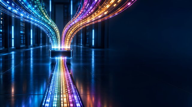 Vibrant fiber optic data streams merging into central network switch inside modern server room