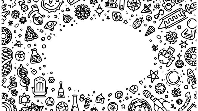 Black and White Science Doodle Background with Educational Icons and Blank Copy Space