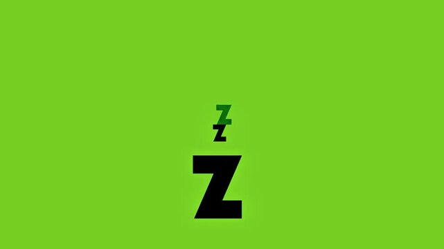 Animated sleeping zzz text motion graphic isolated on a chroma key green screen background, perfect for sleep, resting, dreaming, fatigue, and night concepts.