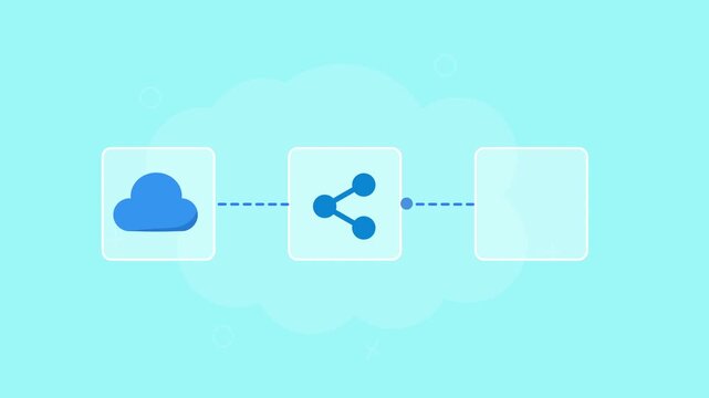 Flat vector animation showing cloud storage connected to a sharing network and group collaboration icons for cloud computing and data sharing concepts.