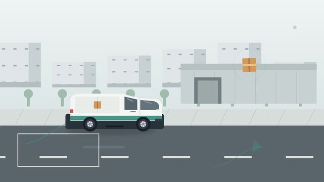 Delivery vans moving on multiple city road lanes animation
