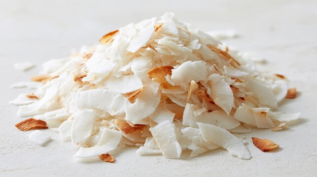 A heap of white coconut flakes with some toasted golden brown pieces, resting on a light beige textured surface, close-up food