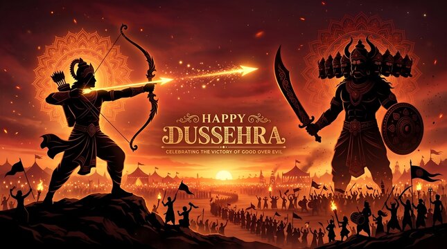 Silhouette of lord rama aiming bow at ravana during festive dussehra celebration with durga puja and navratri traditional indian cultural background