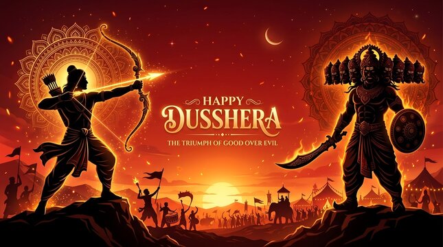 Silhouette of lord rama aiming bow at ravana during festive dussehra celebration with durga puja and navratri traditional indian cultural background