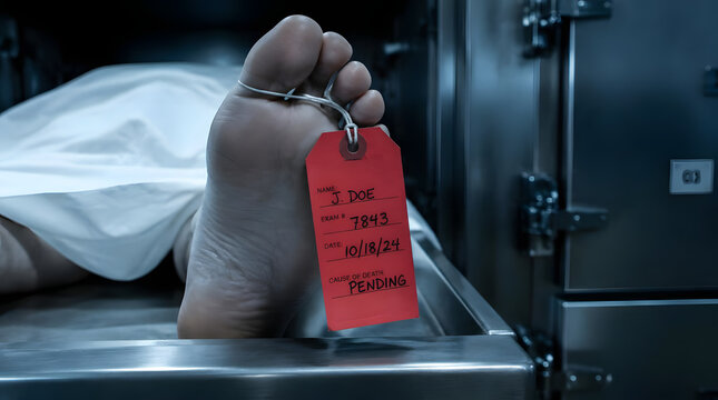 Deceased persons foot with toe tag in a morgue.