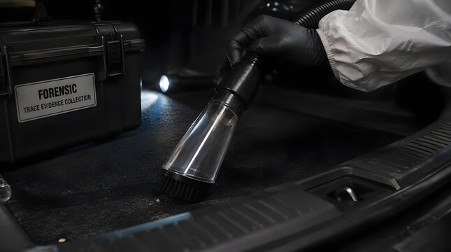 Forensic investigator examining crime scene with specialized tools.
