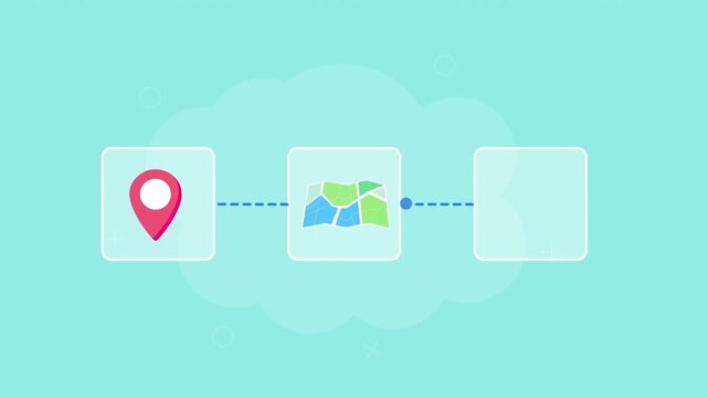Flat vector animation showing a location pin, map, and destination flag connected by a moving route for navigation and travel concepts.