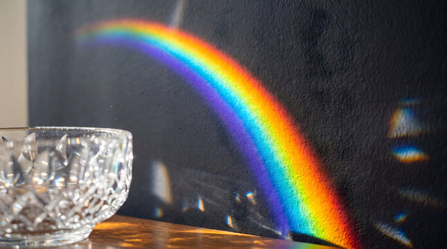 Rainbow spectrum light projected on dark wall by crystal glass bowl, light refraction concept