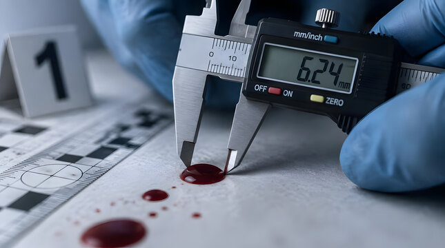 Forensic expert meticulously measures blood drop at crime scene.