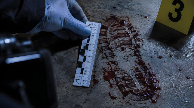 Forensic expert meticulously measures bloody footprint at crime scene.