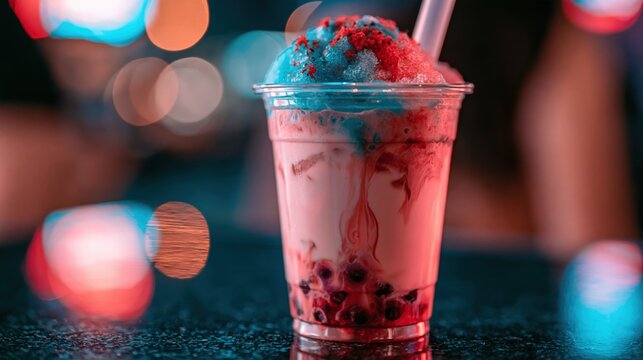 A refreshing bubble tea drink with red and blue shaved ice topping served in a plastic cup on a dark surface with colorful bokeh lighting