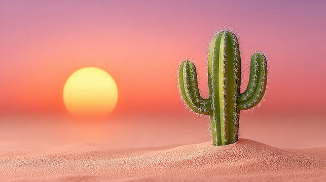 A green cactus stands in sand dunes during a vibrant pink and orange sunset.
