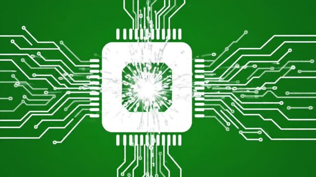 Abstract representation of a central processing unit with glowing connections on a green background.