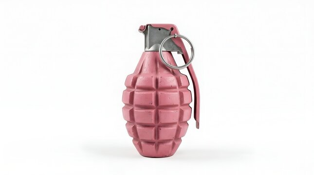 A single pink hand grenade with a metal pin standing upright on a white flat surface.