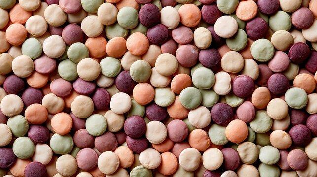 A top-down close-up view of a large pile of colorful raw dried lentils in shades of green, brown, orange, and purple for healthy cooking