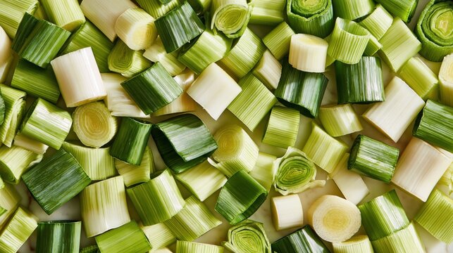 A top-down view of freshly chopped leek slices scattered on a white surface showing green and white rings and fibrous textures