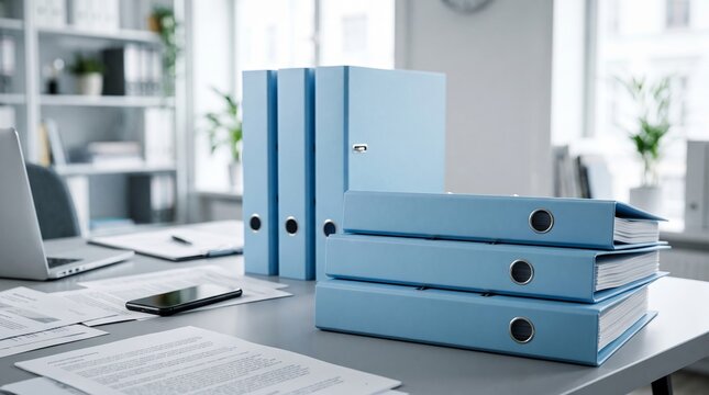 Light blue office ring binders arranged neatly on professional desk with important documents and a modern smartphone for business organization