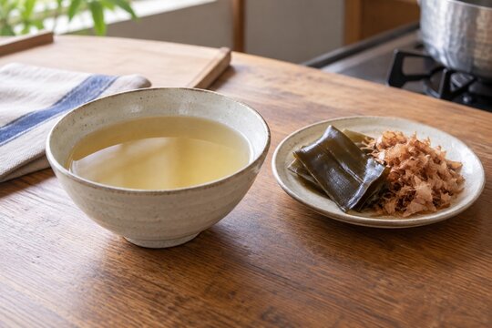 使い終えた昆布と鰹節を添えた二番だし