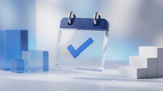 Floating blue calendar icon with a checkmark symbol rendered in 3d style for modern business scheduling and task planning concepts