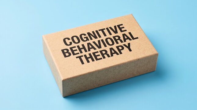 Cognitive behavioral therapy text printed on a sturdy cardboard box sitting on a bright light blue solid paper surface background