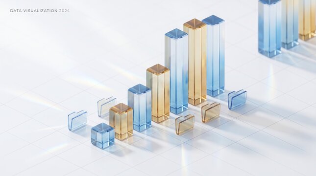 Transparent blue and golden glass bar charts with small folders arranged in a modern isometric grid for financial business analysis